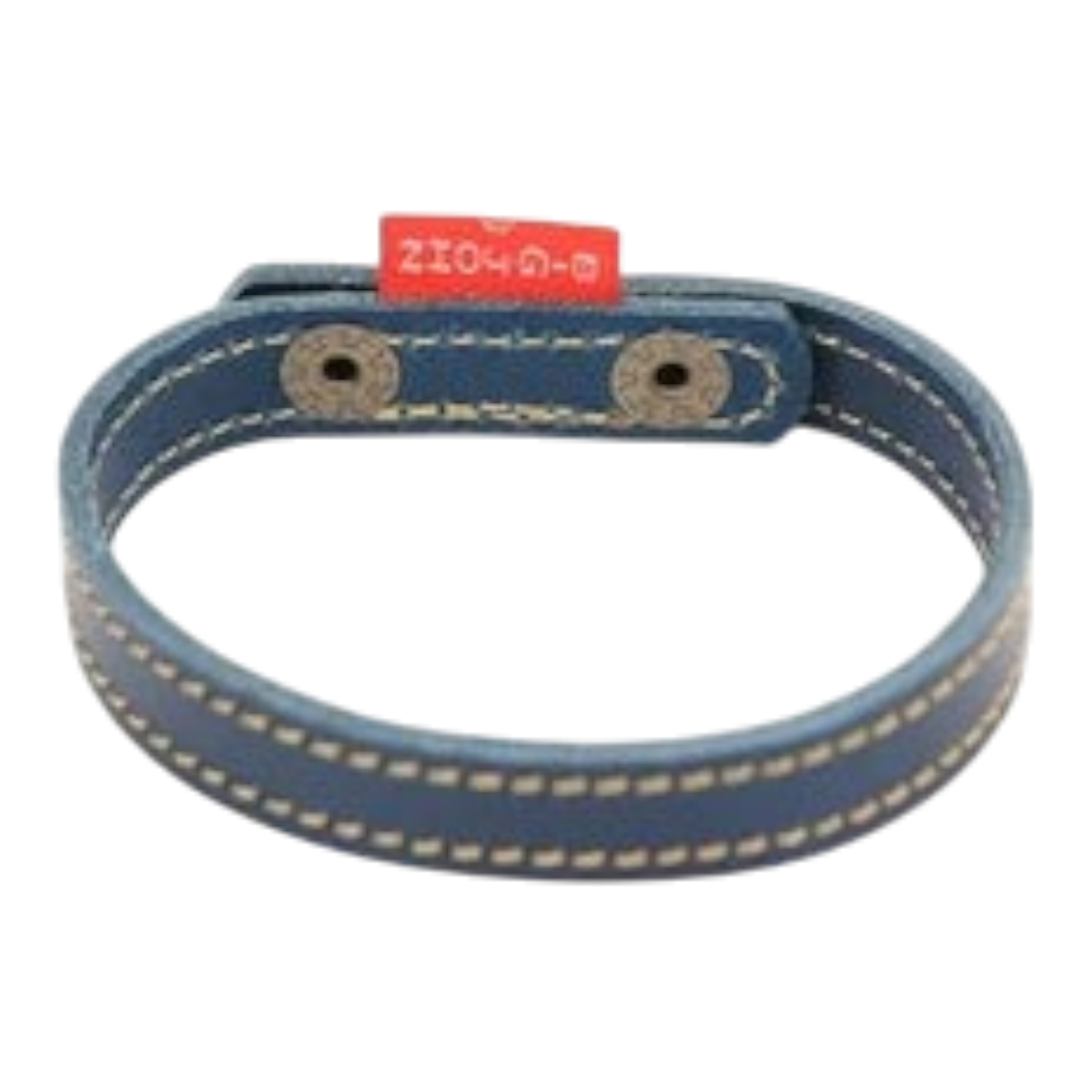 MILWORKS Big John indigo full-grain leather bracelet with contrast stitching and a red logo tag