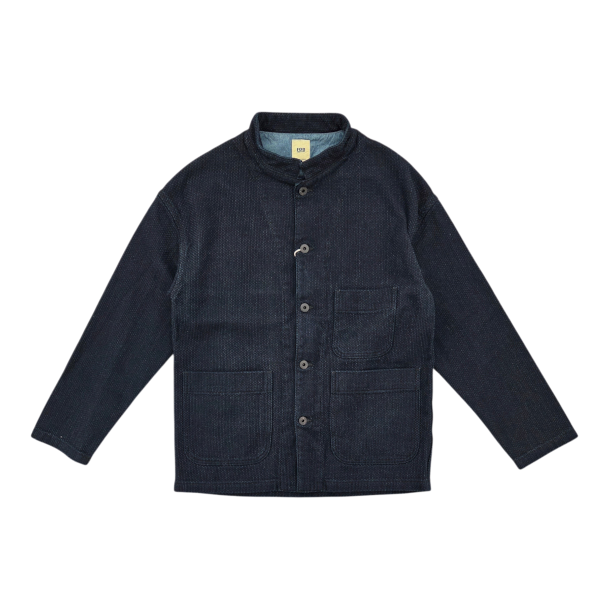 MILWORKS F.O.B Factory indigo sashiko workwear jacket with a mandarin collar and three front pockets.