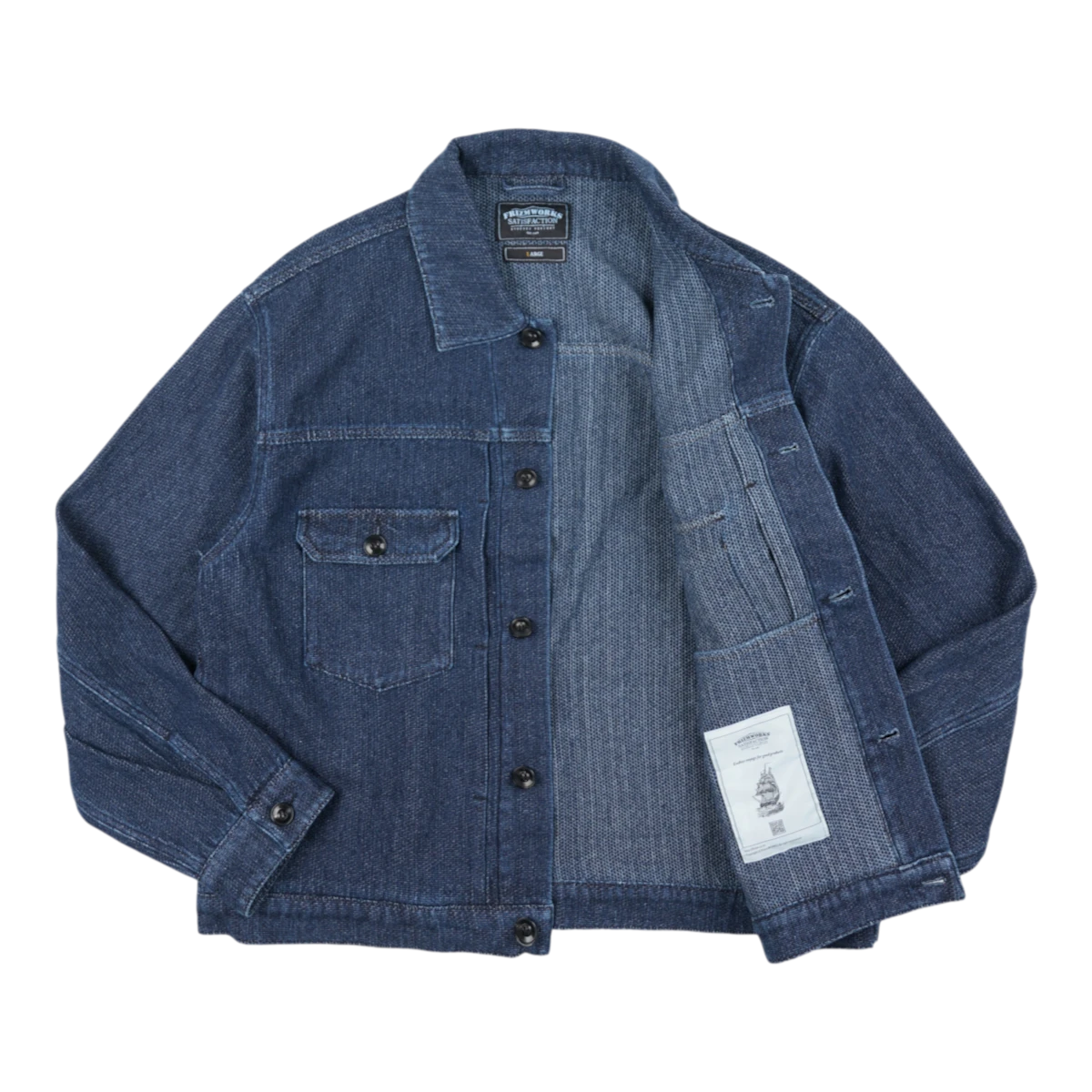 MILWORKS indigo sashiko trucker jacket with textured stitching, button front, and chest pockets on a white background.
