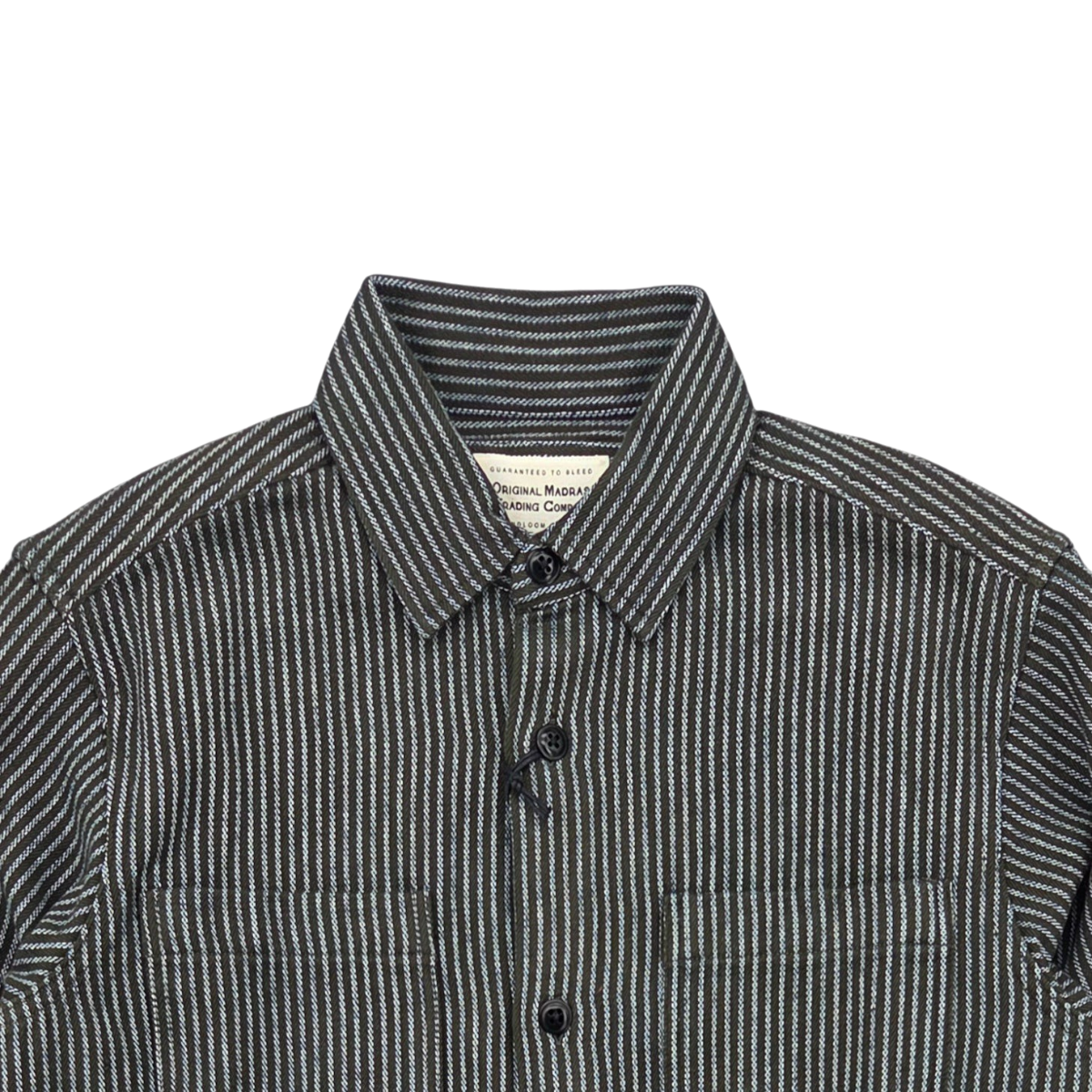 MILWORKS No240 utility shirt in indigo and white striped handwoven cotton with a classic collar and button front