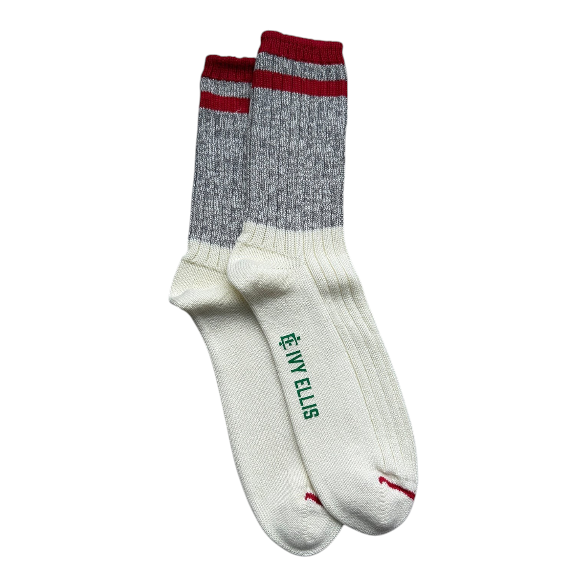MILWORKS Ivy Ellis Everest crew socks in grey marl with red striped cuffs and cream reinforced heel and toe