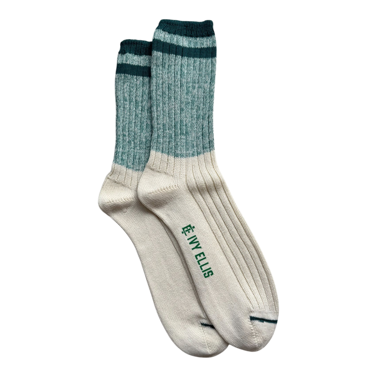 MILWORKS Ivy Ellis K2 crew socks in sage-teal marl with a deep teal striped cuff and cream reinforced heel and toe.