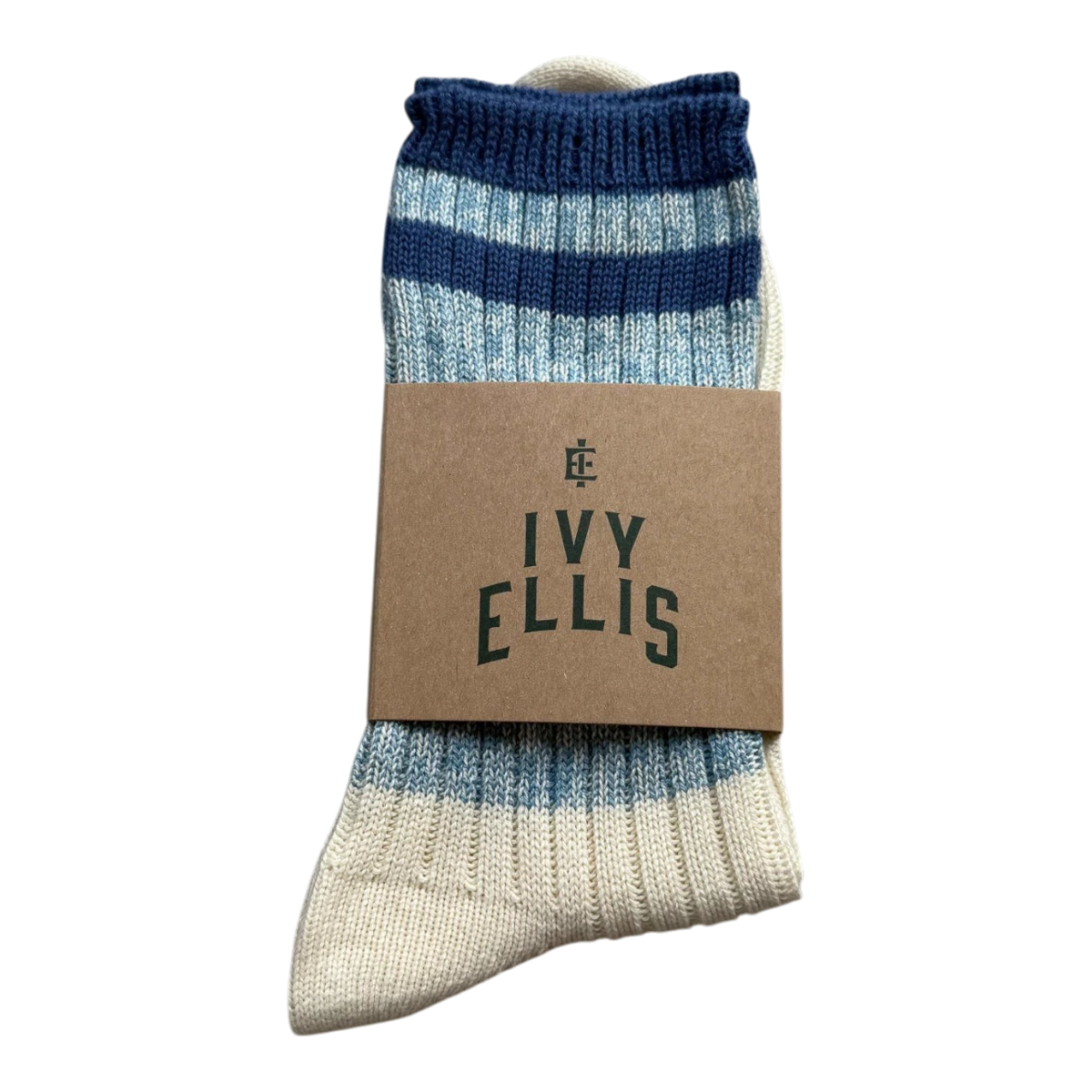 MILWORKS Ivy Ellis Makalu crew socks in denim-blue marl with navy striped cuffs and cream heel and toe.