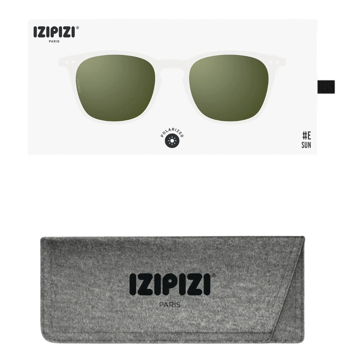 MILWORKS IZIPIZI #E Crystal polarized sunglasses with transparent frames and green lenses in packaging with felt case.