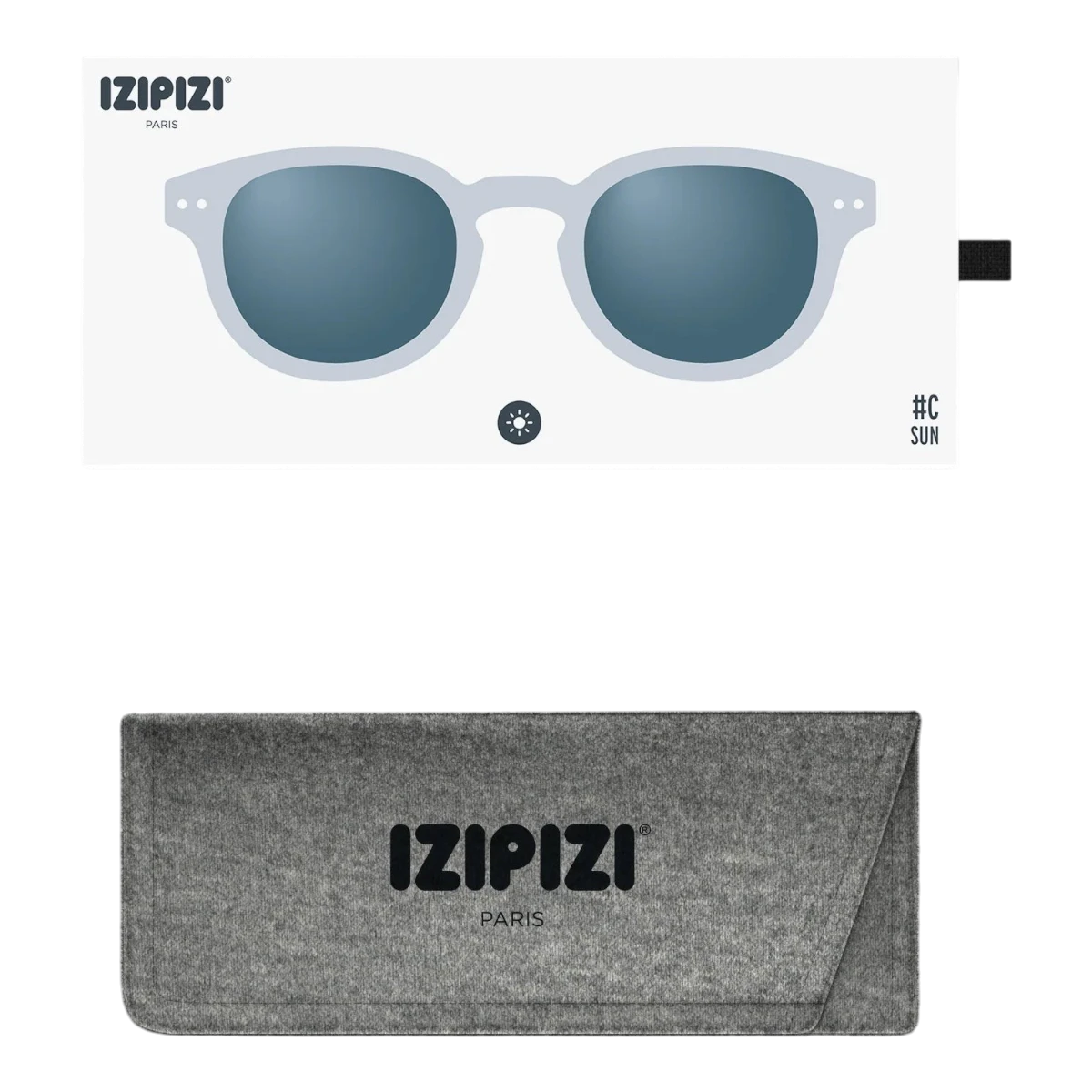MILWORKS IZIPIZI #C sunglasses in translucent frozen blue with matching grey felt protective case.