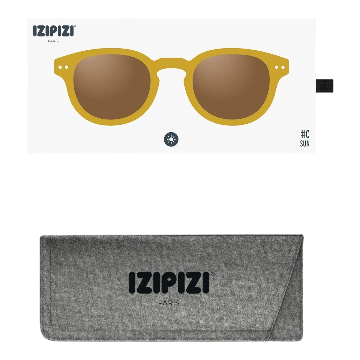 MILWORKS IZIPIZI #C sunglasses in translucent golden green with brown lenses and a grey felt protective case.