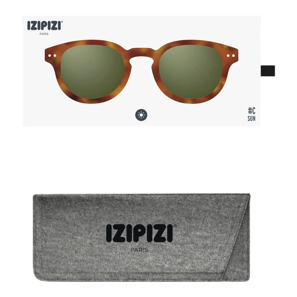 MILWORKS IZIPIZI #C Havane sunglasses with tortoiseshell frames, green lenses, and a grey felt protective case.