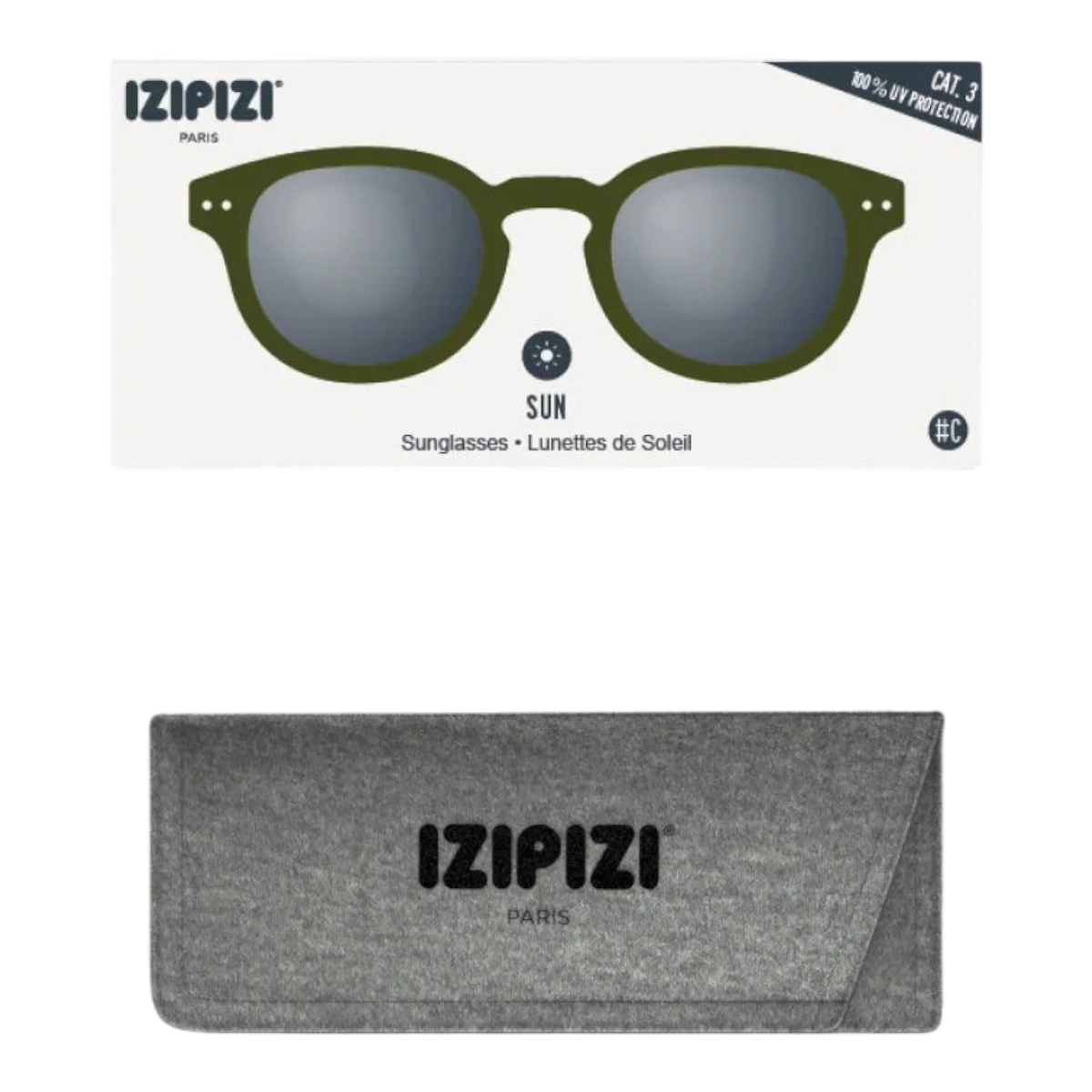 MILWORKS IZIPIZI #C sunglasses in translucent kaki green with green lenses and a grey felt protective case.