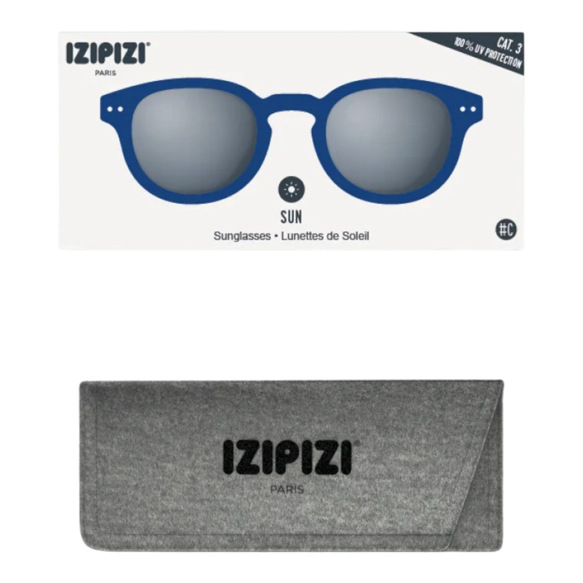 MILWORKS IZIPIZI #C navy blue sunglasses with grey lenses and a soft-touch finish, shown with a grey felt case.