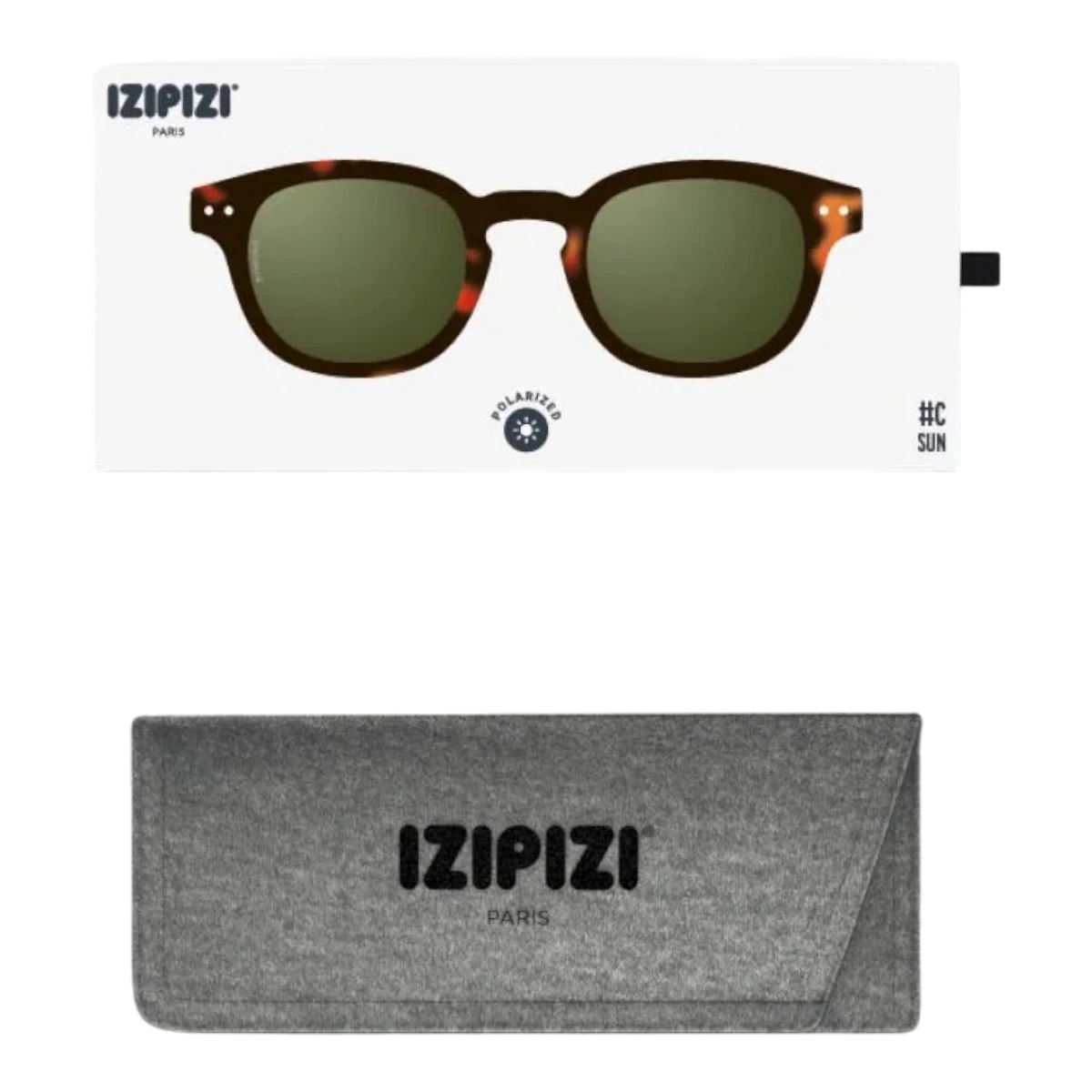MILWORKS IZIPIZI #C retro tortoise shell sunglasses with green polarized lenses and grey felt storage case.