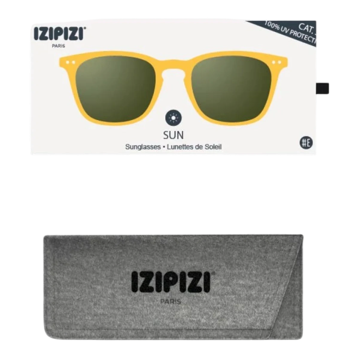 MILWORKS IZIPIZI #E sunglasses in translucent yellow honey with green lenses and a grey felt protective case.
