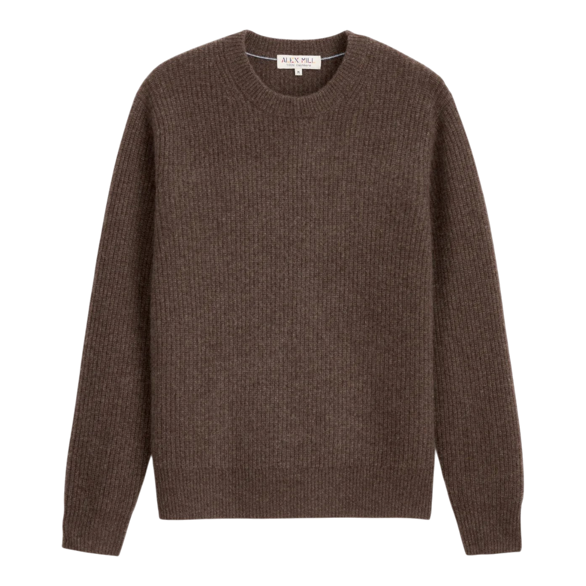 MILWORKS Alex Mill Jordan crewneck sweater in washed heather espresso brown 100% cashmere with ribbed texture