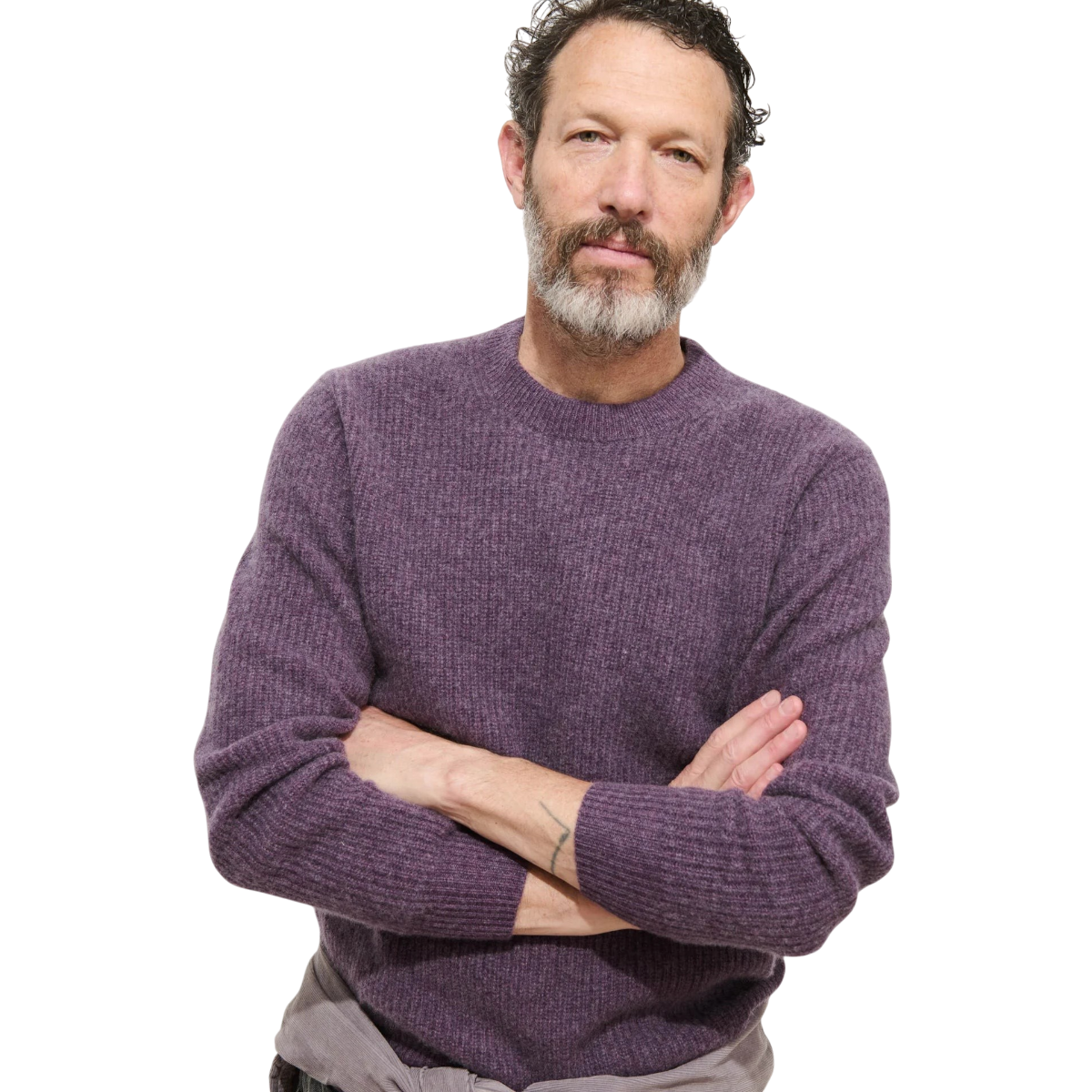 MILWORKS Jordan crewneck sweater in heather amethyst washed cashmere worn by a man with arms crossed