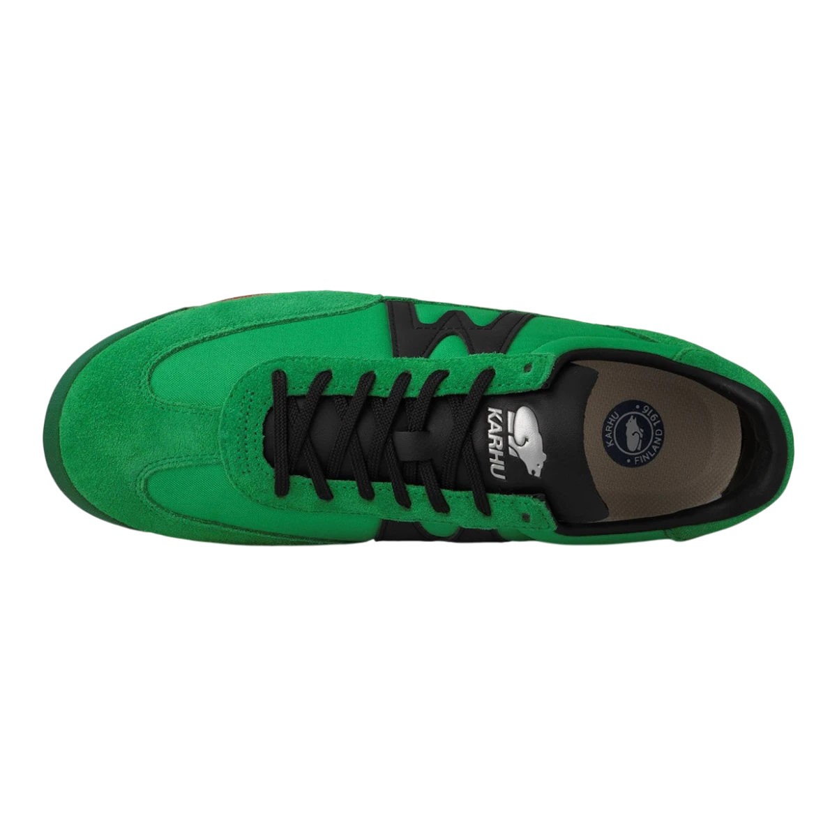 MILWORKS Karhu Mestari OG sneaker in green suede and nylon with black accents, top-down view.