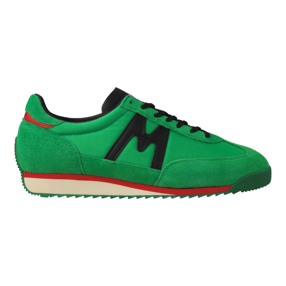 MILWORKS Karhu Mestari OG sneaker in green and black suede and nylon with red midsole detail