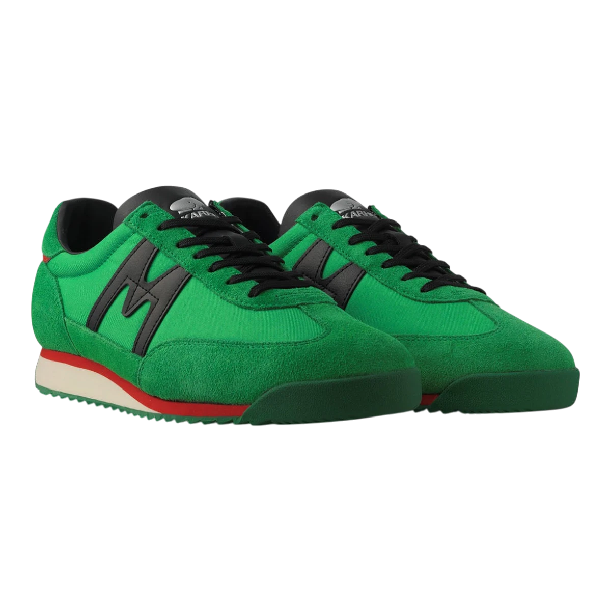 MILWORKS Karhu Mestari OG sneakers in green and black suede and nylon with a white and red midsole