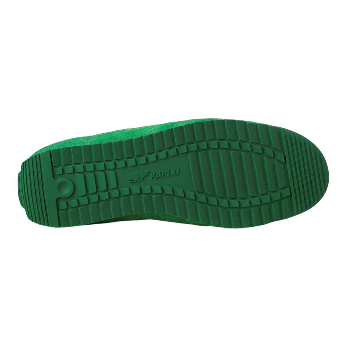 MILWORKS Karhu Mestari green sneaker rubber outsole with textured grip pattern and embossed brand logo
