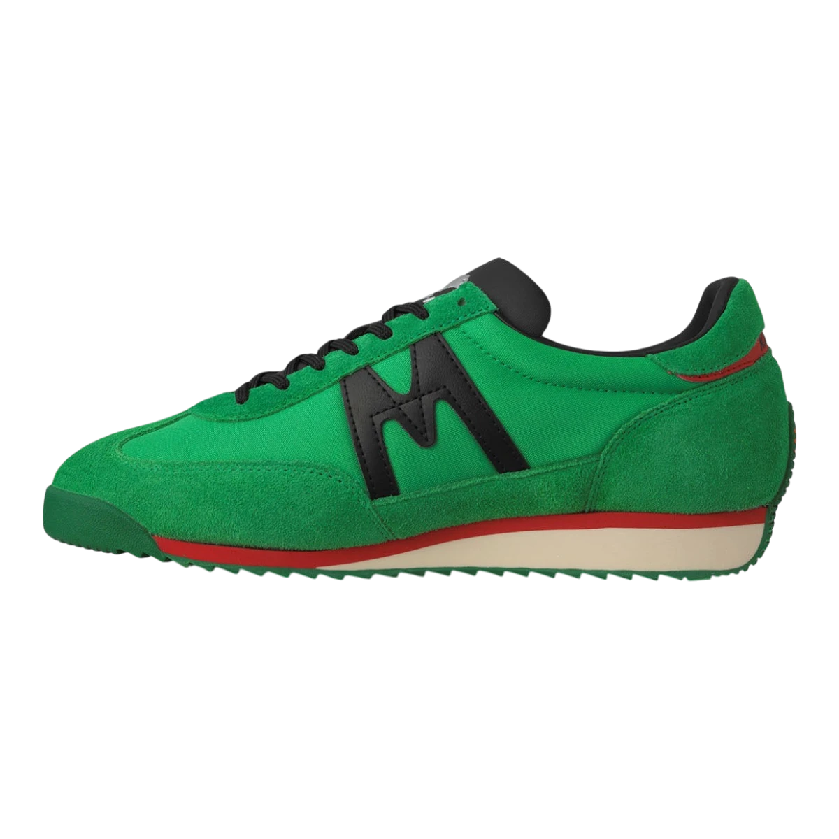 MILWORKS Karhu Mestari OG sneaker in green suede and nylon with black M logo and red midsole accent