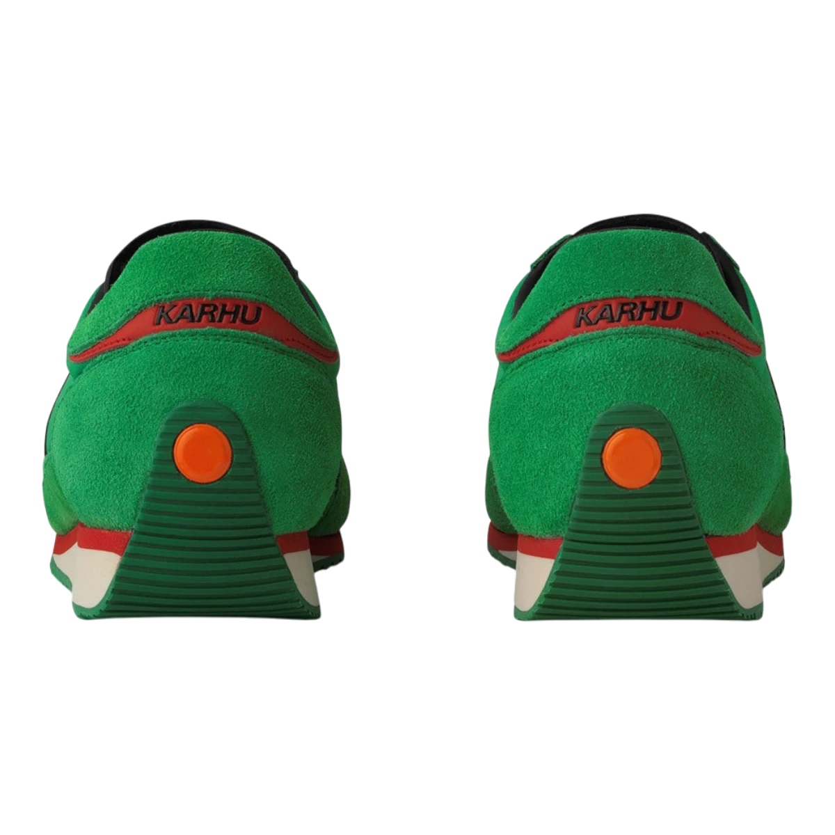 MILWORKS Karhu Mestari OG sneakers in green suede with red accents and orange heel detail, rear view.