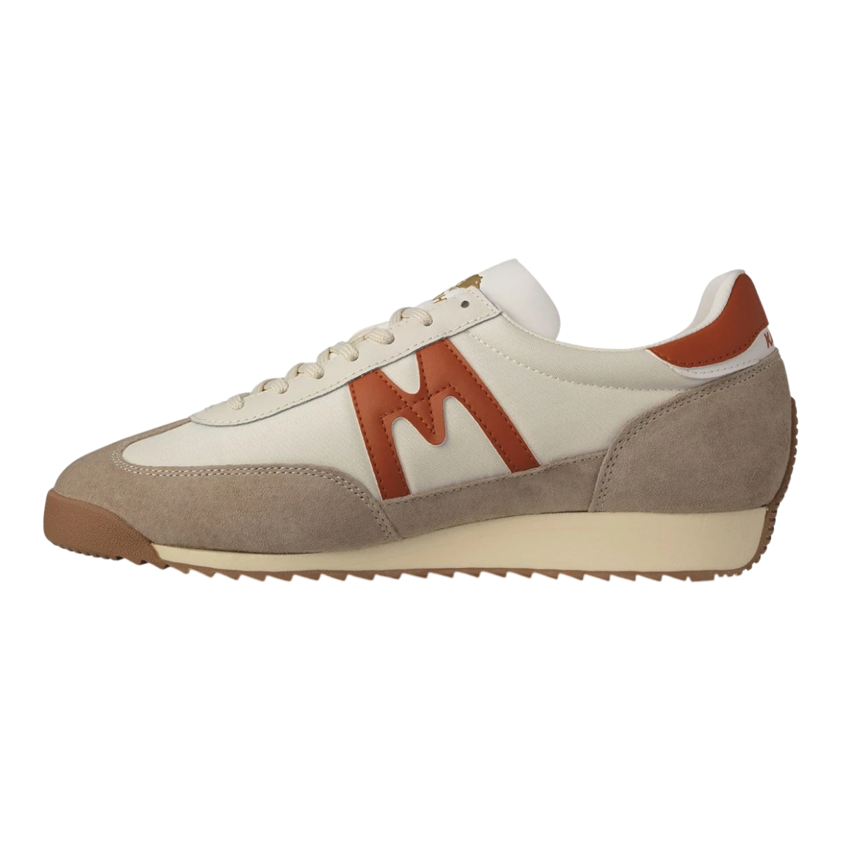MILWORKS Karhu Mestari OG sneaker in off-white nylon, beige suede, and rust orange leather accents with a gum sole.