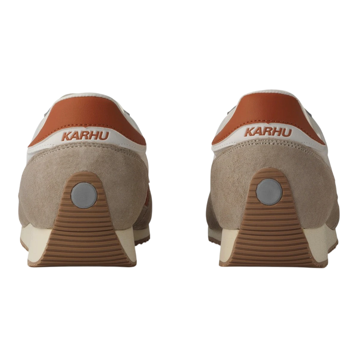 MILWORKS Karhu Mestari OG sneakers in beige suede and rust orange leather, rear view showing branded heel tabs.