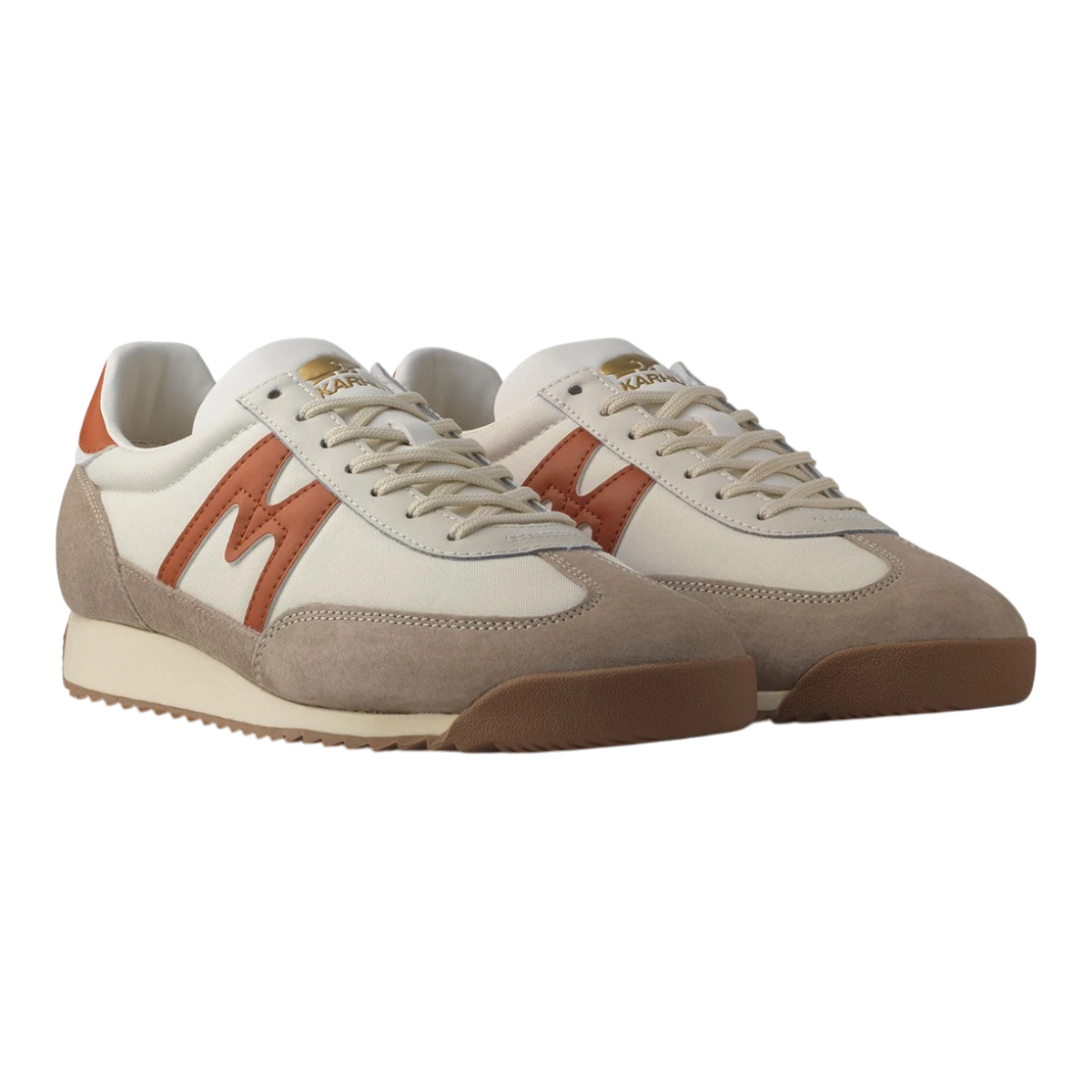 MILWORKS Karhu Mestari OG sneakers in silver lining and rooibos featuring suede and nylon construction with gum soles.