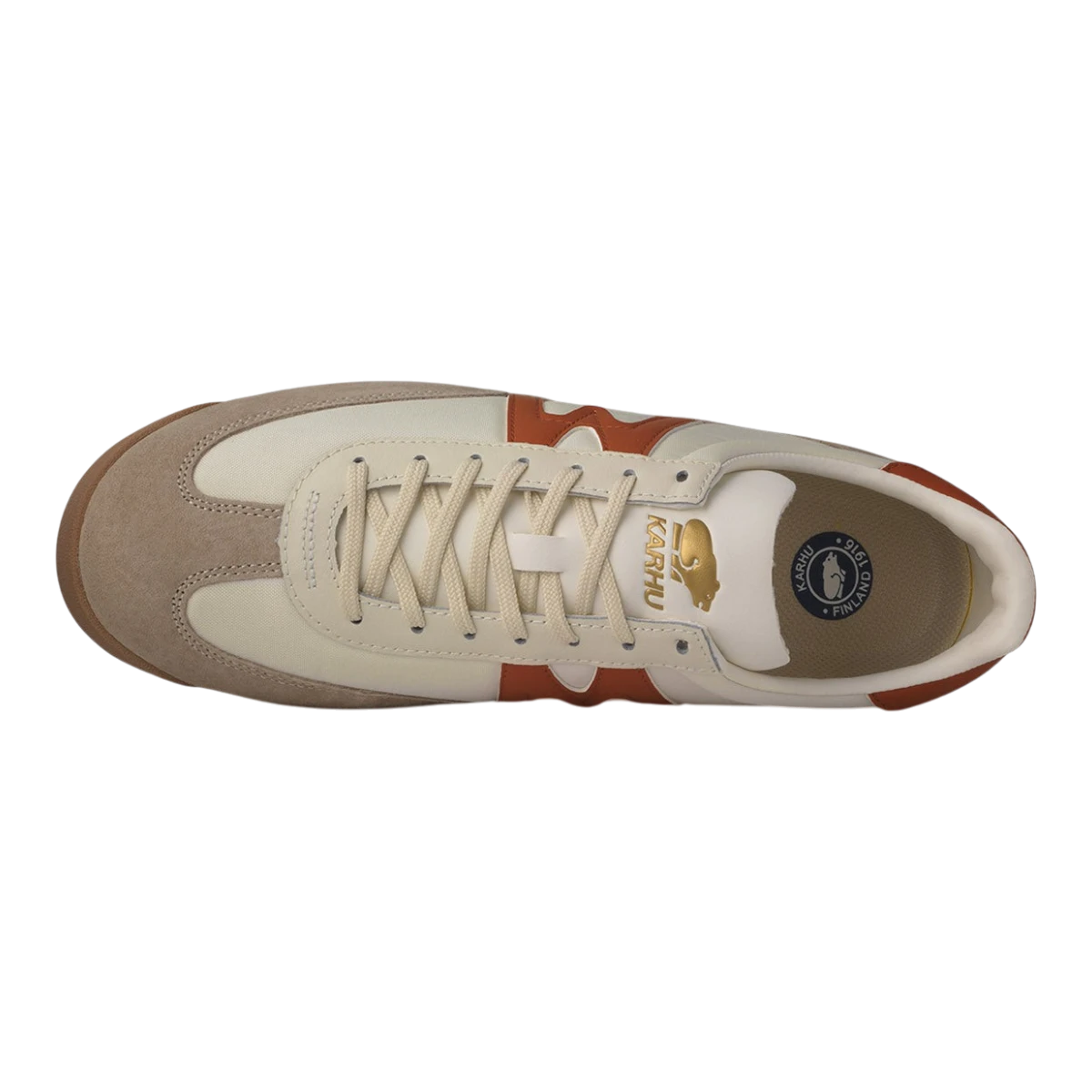 MILWORKS Karhu Mestari Silver Lining Rooibos tea sneaker in cream nylon and suede with rust orange accents