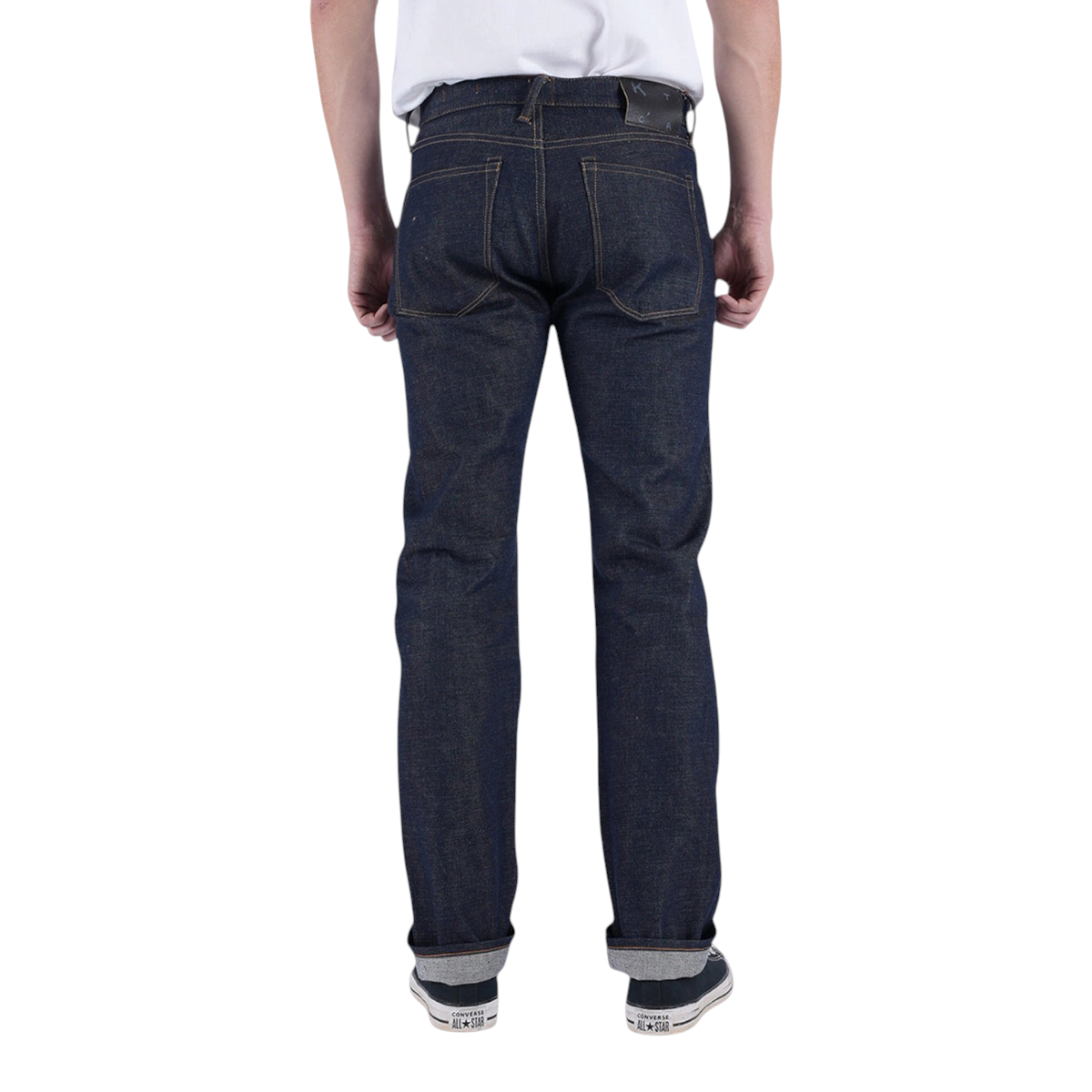 MILWORKS Kato Hammer Straight 14.5 oz raw denim jeans in dark indigo with back pocket detail and cuffed hems