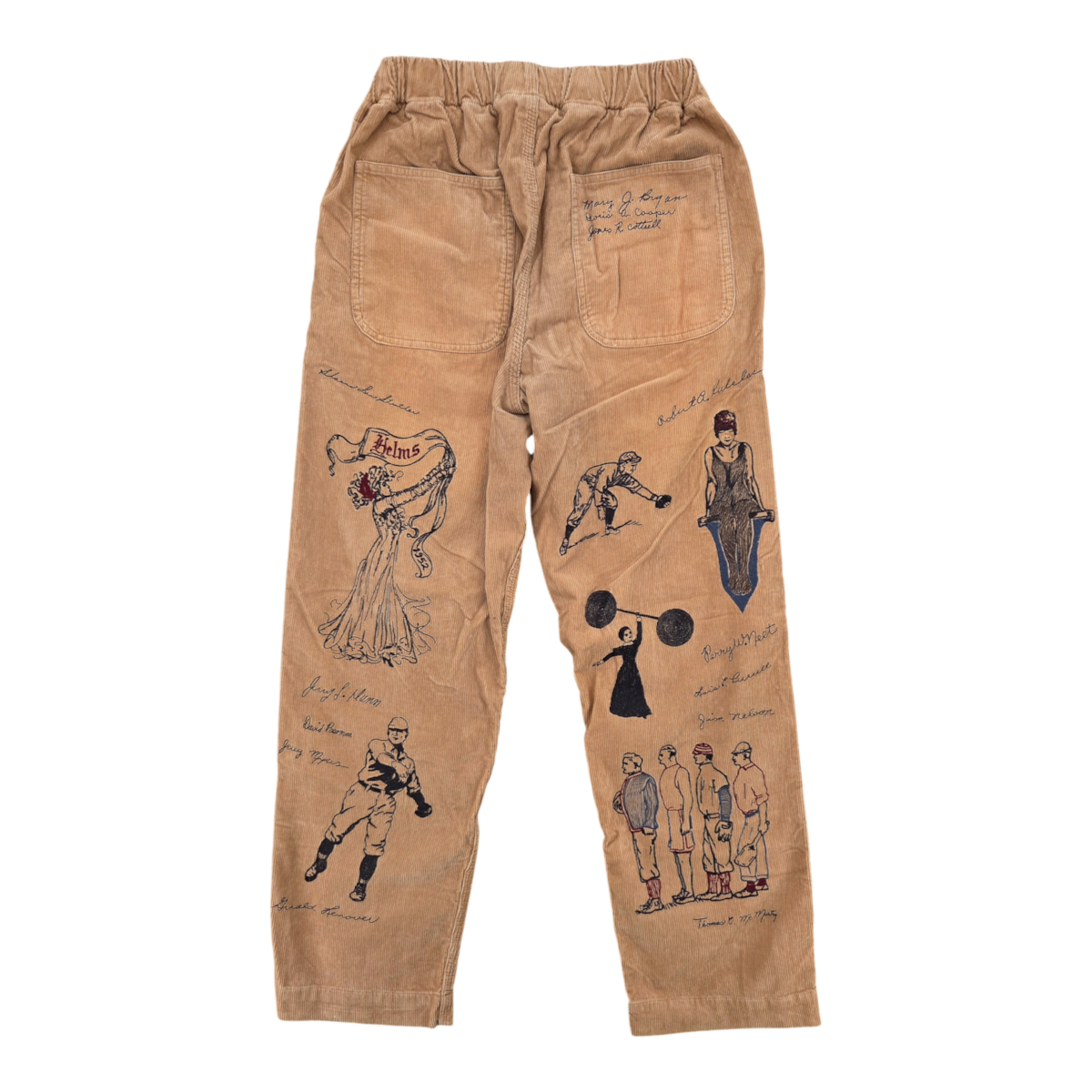 MILWORKS khaki corduroy pants featuring vintage-style multicolor embroidery and script details on the back