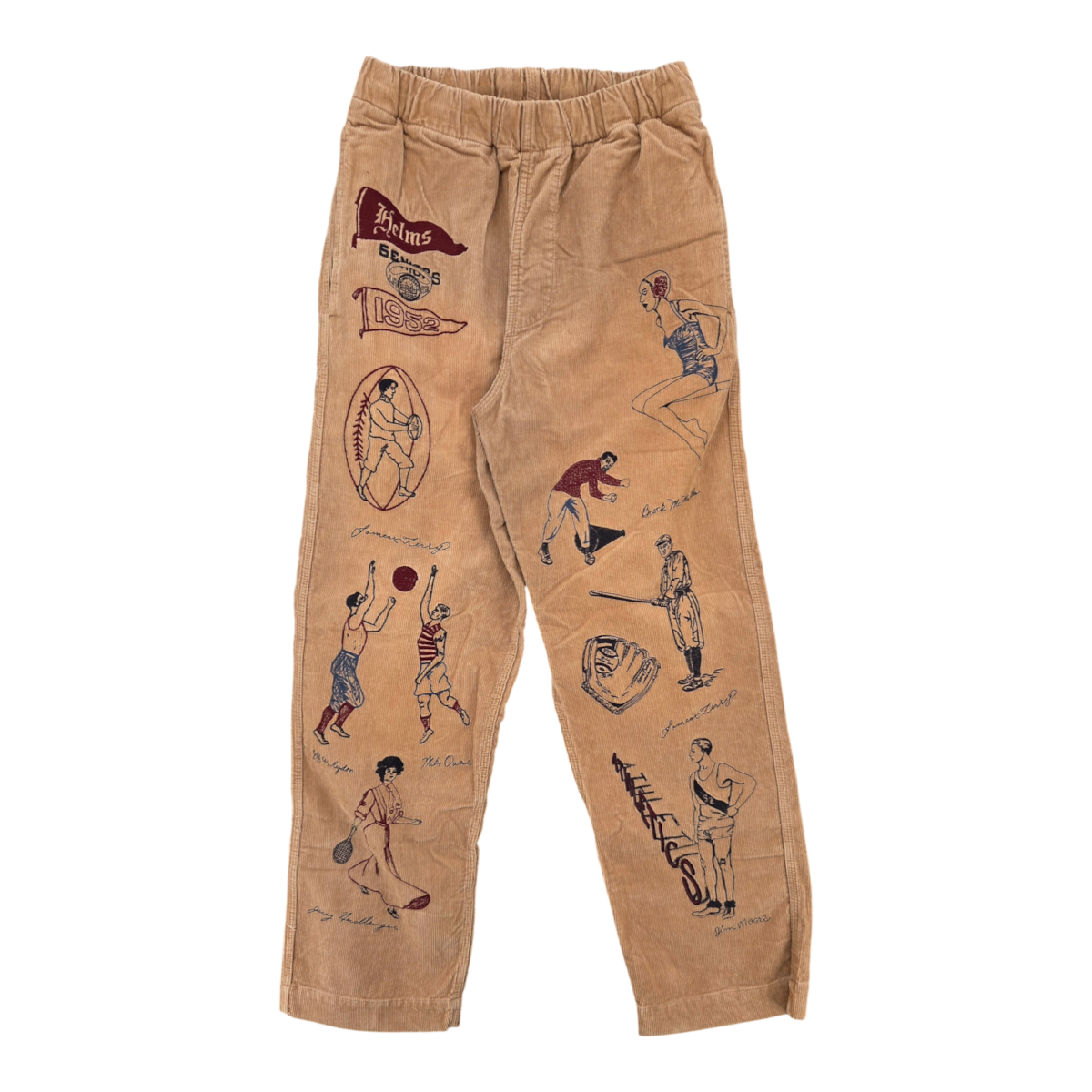 MILWORKS khaki corduroy pants featuring vintage-style multicolor athletic embroidery and an elastic waistband.