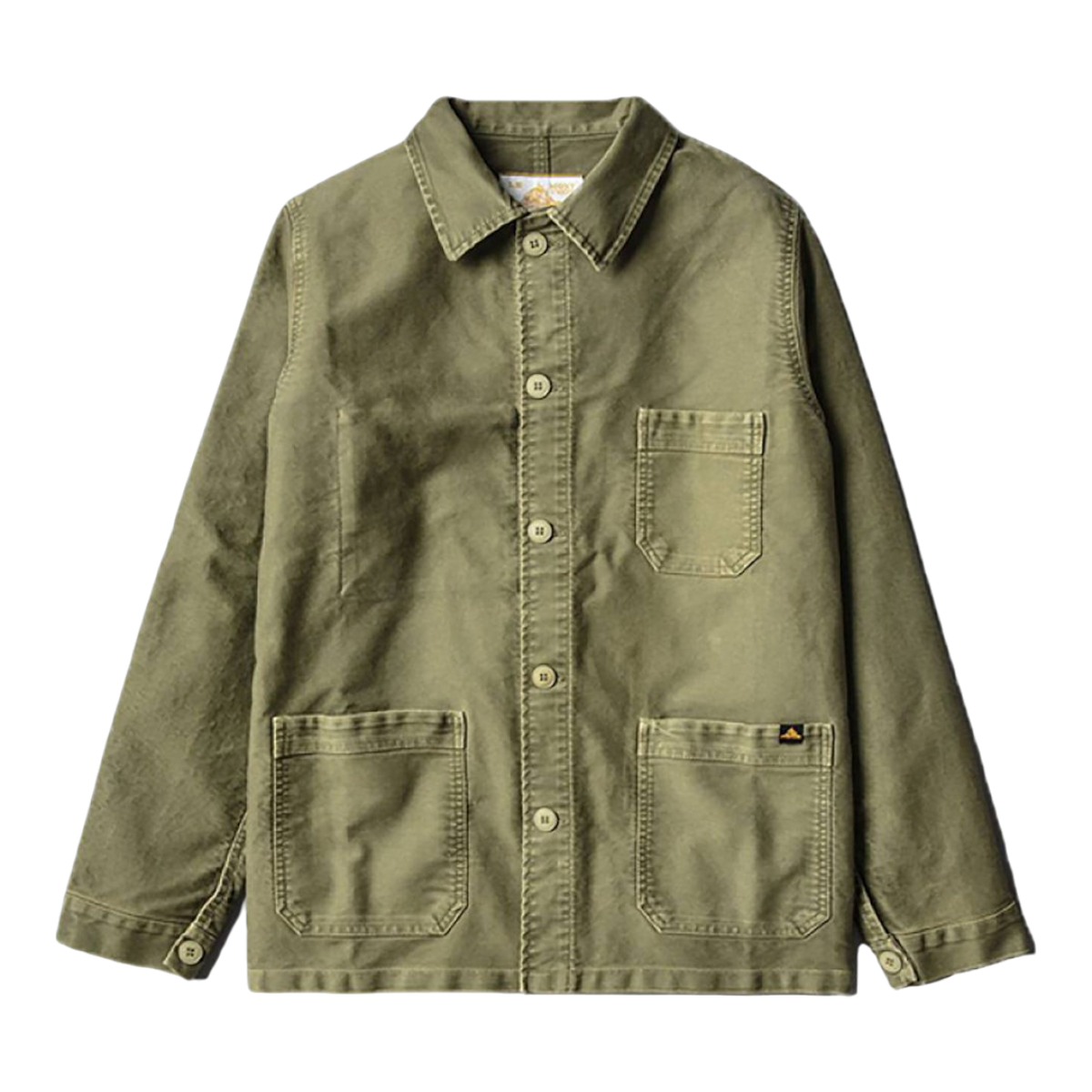 MILWORKS vintage washed khaki moleskin work jacket with button front and three patch pockets