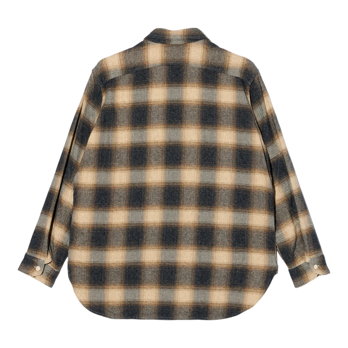 Back view of MILWORKS Engineered Garments khaki and black shadow plaid heavy cotton flannel work shirt