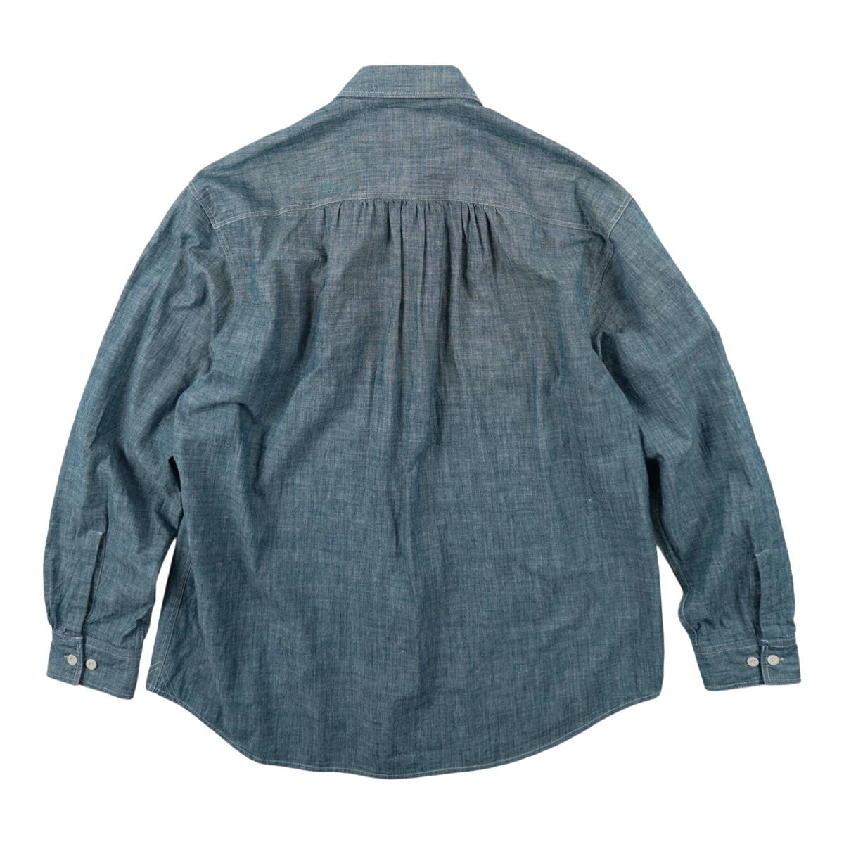 MILWORKS Kuroki Japanese cotton chambray work shirt in blue, back view showing pleated yoke and long sleeves.