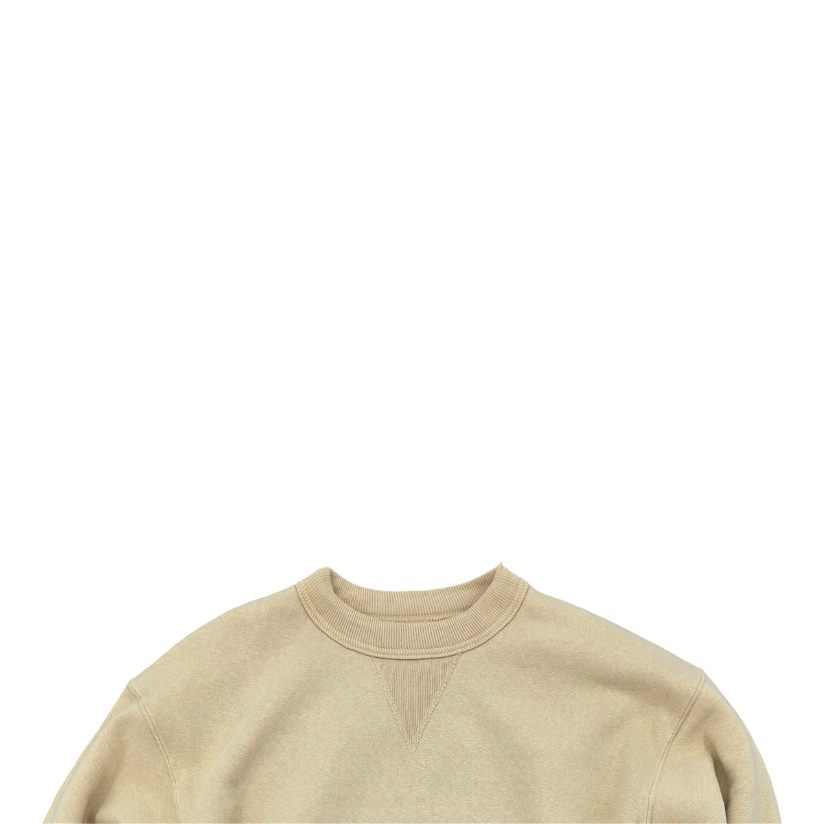 MILWORKS Laniakea loopwheel crew neck sweatshirt in dried moss featuring a ribbed collar and classic V-insert detail.