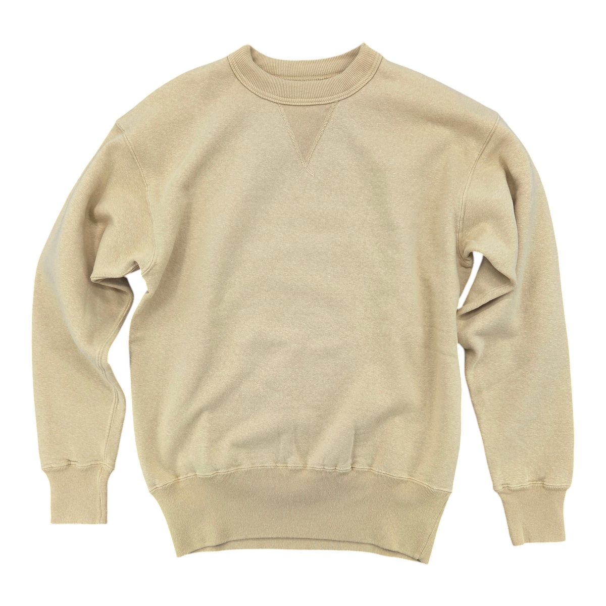 MILWORKS Laniakea loopwheel crew neck sweatshirt in dried moss featuring a vintage V-insert and brushed fleece.