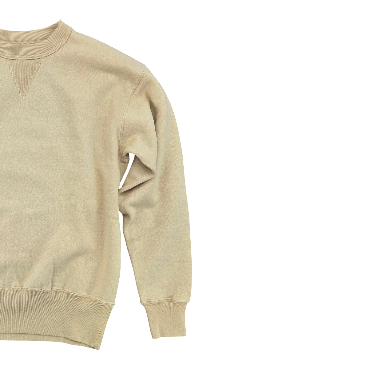 MILWORKS Laniakea loopwheel sweatshirt in dried moss featuring a crew neck with a V-insert and ribbed cuffs.