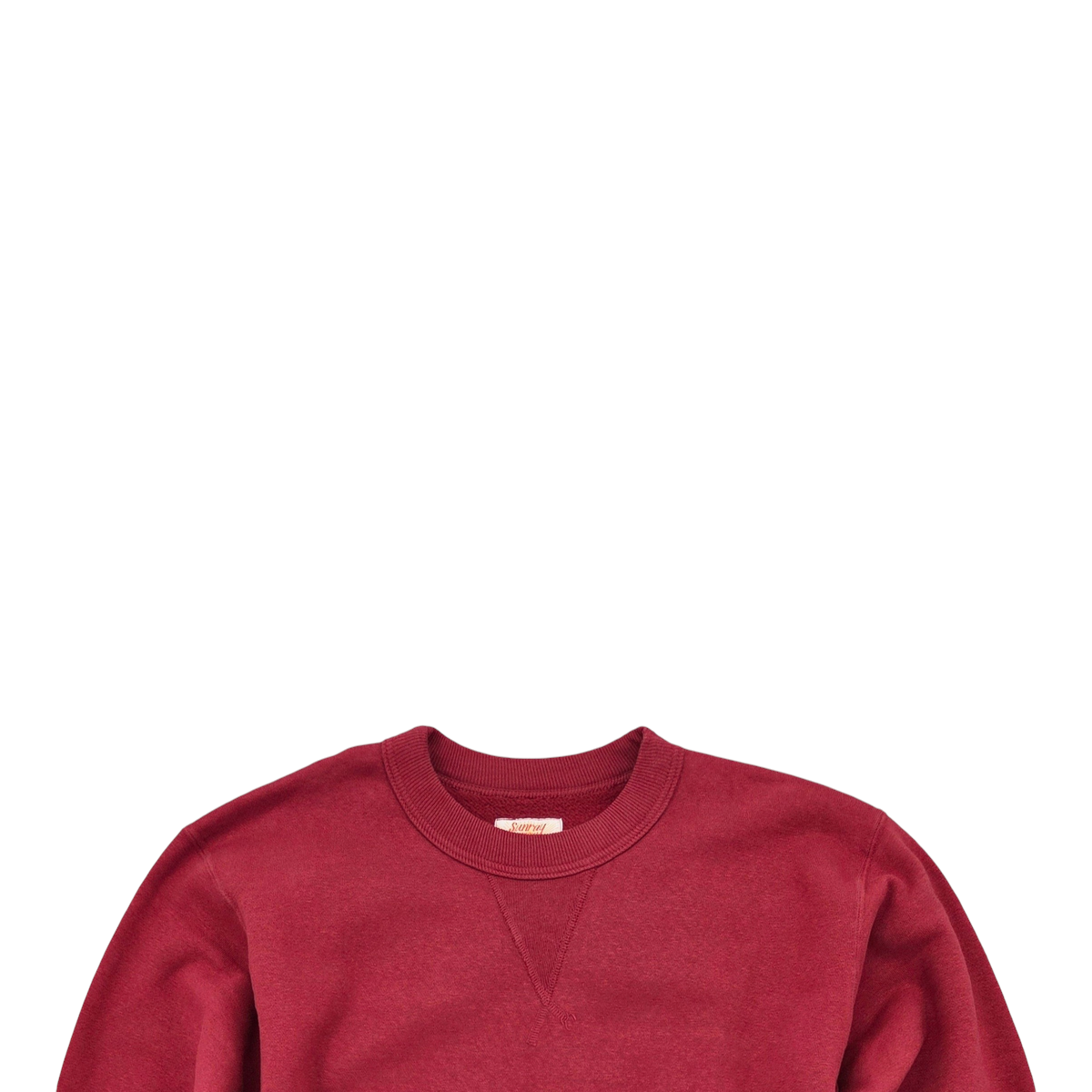 MILWORKS Laniakea loopwheel crew neck sweatshirt in garnet red featuring a classic V-insert and ribbed collar.