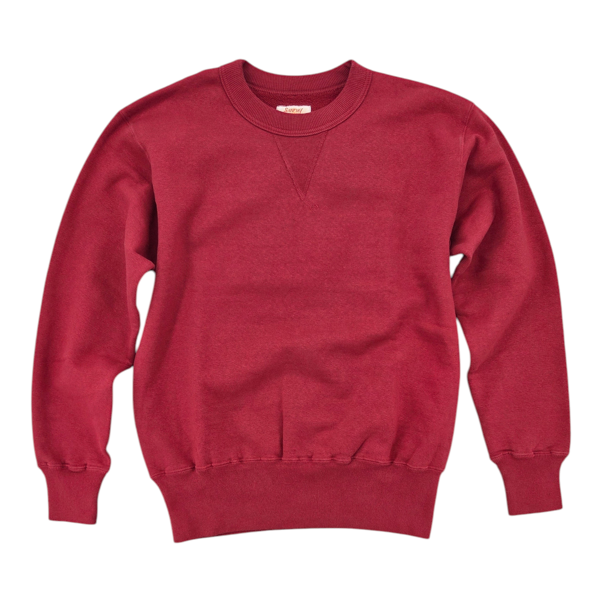 MILWORKS Laniakea loopwheel crew neck sweatshirt in garnet red with a classic V-insert and ribbed cuffs and hem.