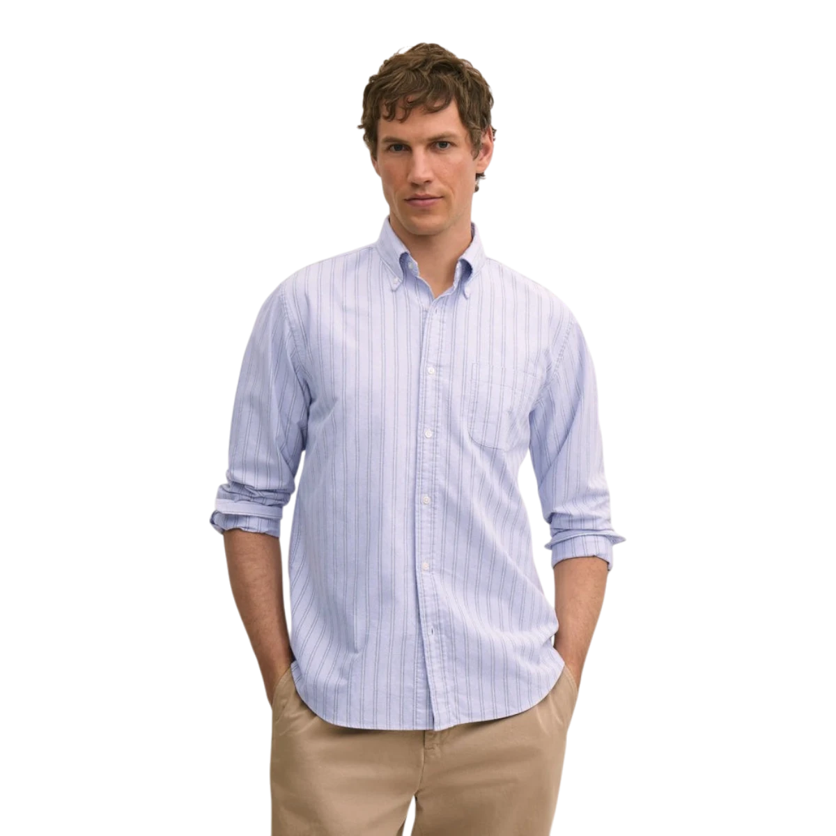 MILWORKS model wearing a lavender striped Oxford Friday Shirt with a button-down collar and rolled sleeves.