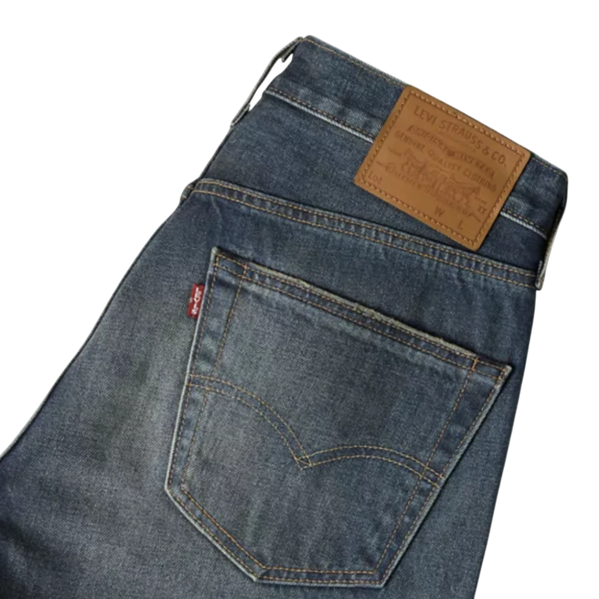MILWORKS Levi's 501 Original Nevada Farmers selvedge jeans in a worn blue wash with a leather back waist patch.