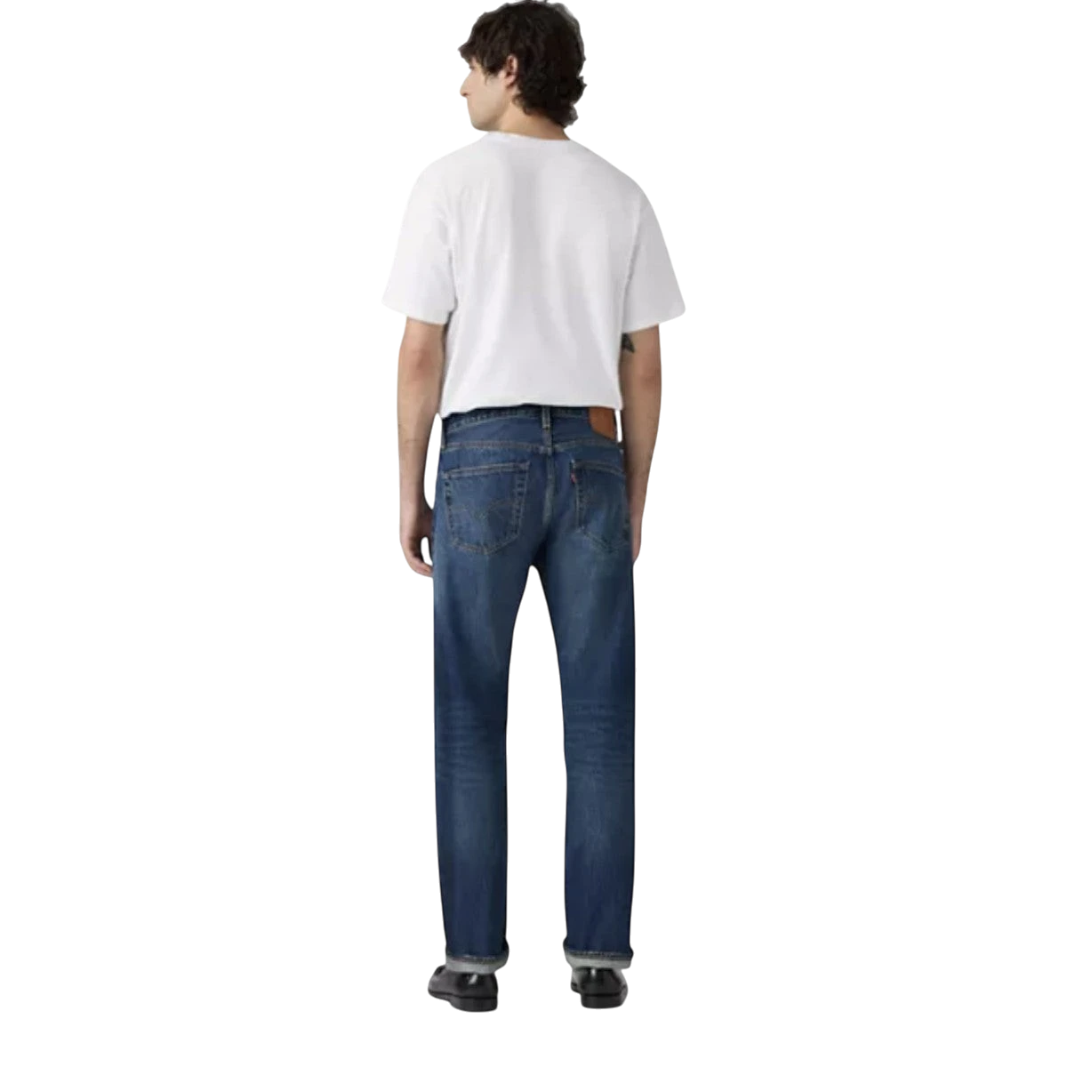MILWORKS Levi's 501 Original selvedge jeans in medium wash blue denim, shown from the back on a male model.