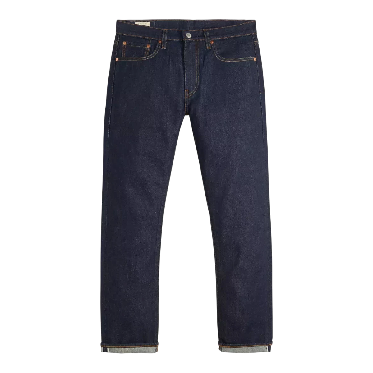 MILWORKS Levi's 502 taper fit selvedge jeans in a dark wash denim with contrast stitching and cuffed hems.