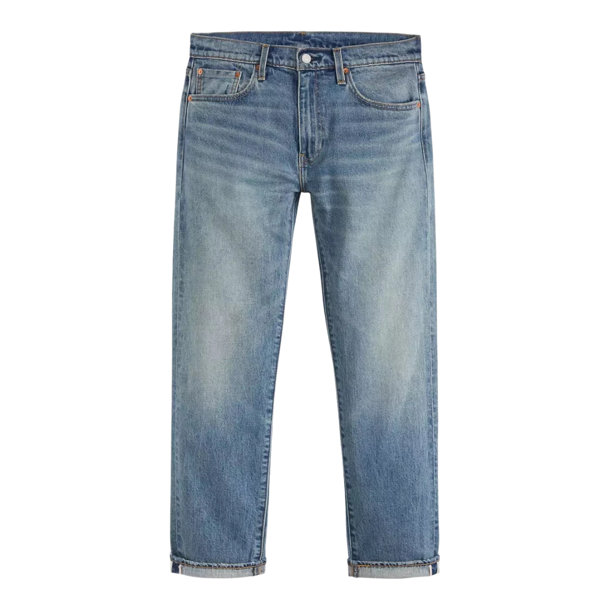 MILWORKS Levis 502 Taper selvedge jeans in a medium wash blue denim with a modern tapered leg fit