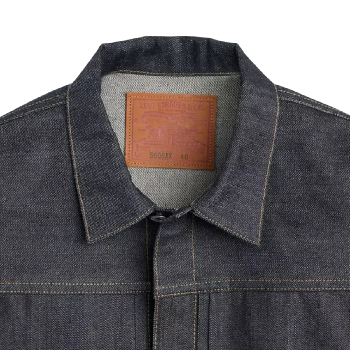 MILWORKS Levi's Vintage Clothing WWII trucker jacket in dark rigid 13oz denim with leather neck label