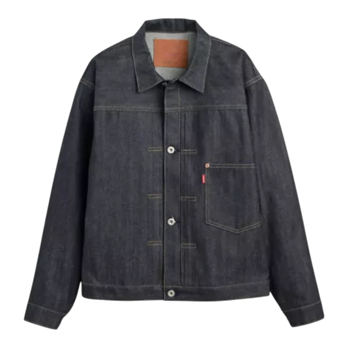 MILWORKS Levis Vintage Clothing WWII trucker jacket in 13oz rigid dark denim with a single chest pocket