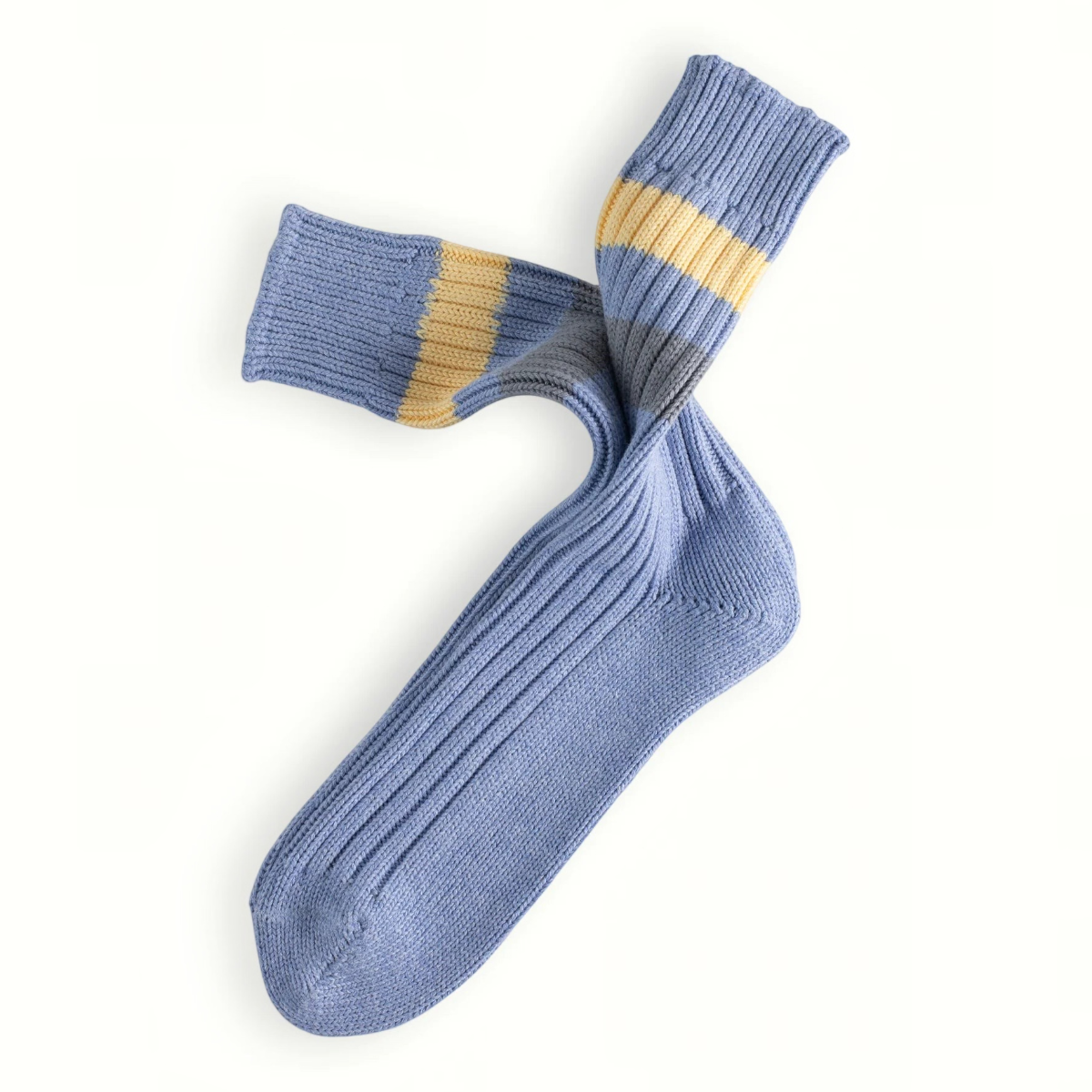 MILWORKS Urban collection light blue cotton socks with yellow and grey contrast stripes and a textured ribbed knit.