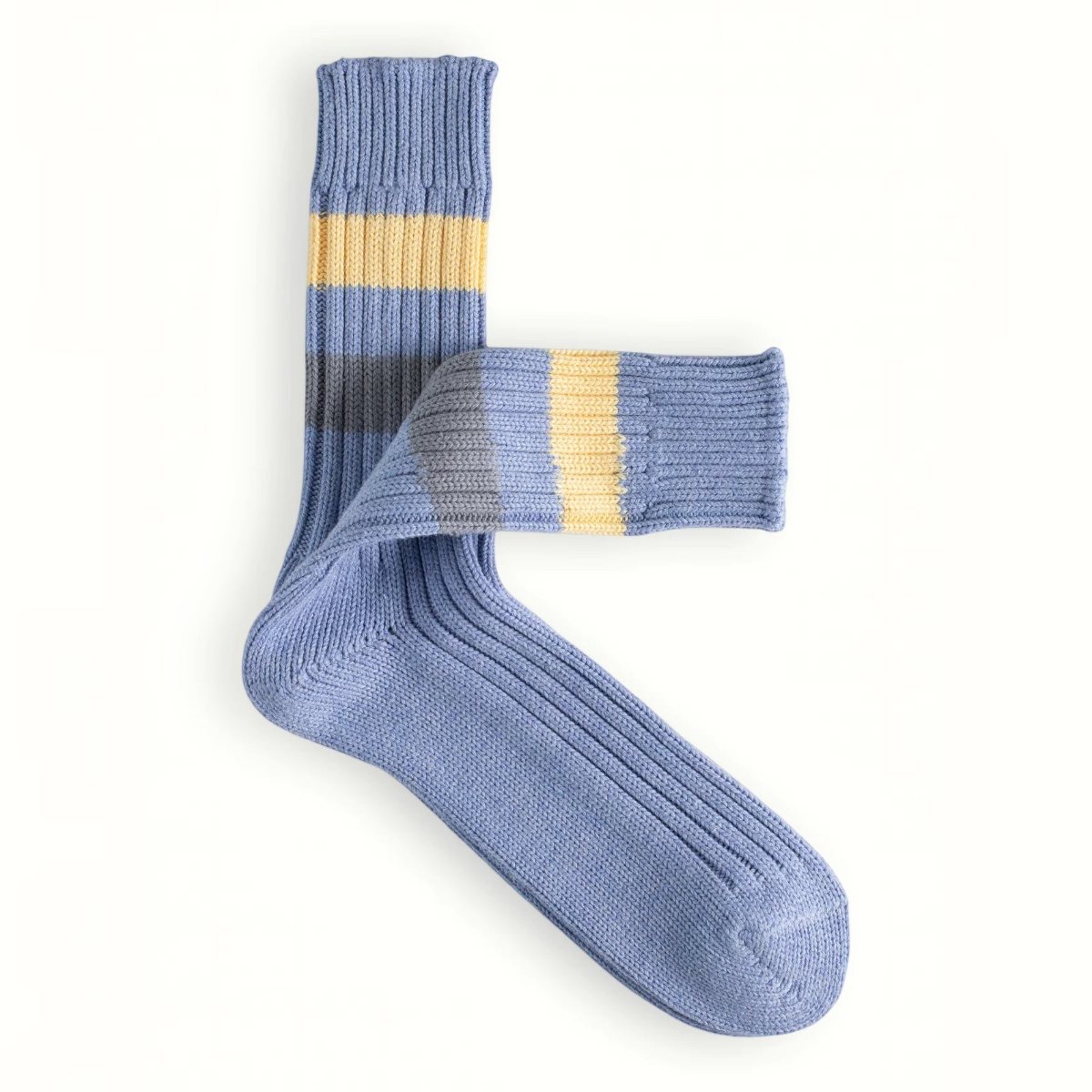 MILWORKS Urban collection light blue cotton socks with yellow and grey stripes and a textured ribbed knit finish.