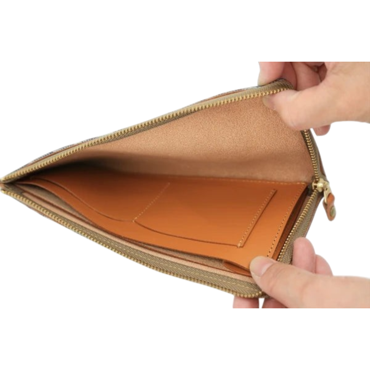 MILWORKS Big John long denim L-zip wallet with brown Italian leather interior dividers and gold-tone zipper