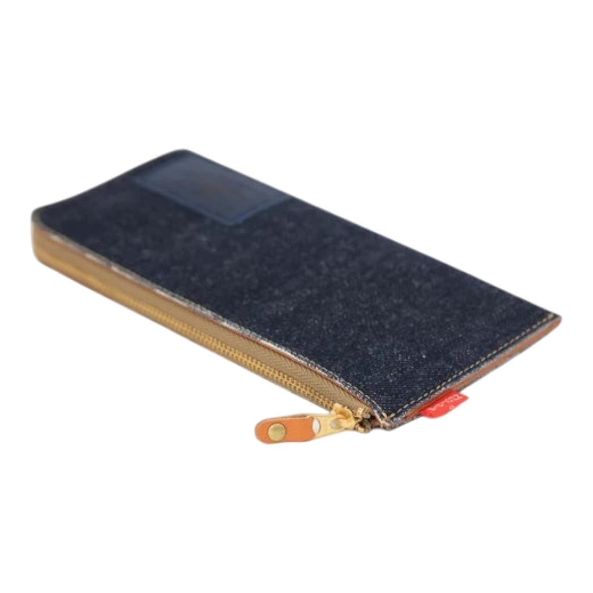 MILWORKS long wallet made from indigo Okayama denim and Italian leather with an L-zip closure and deerskin label.