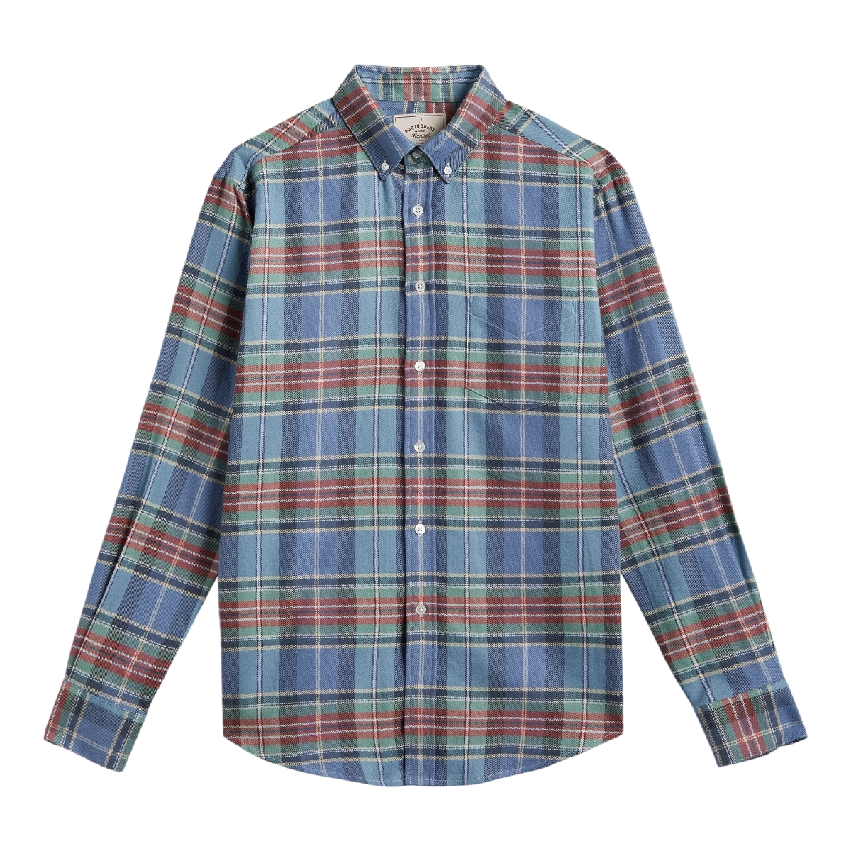 MILWORKS Lucia plaid flannel shirt in blue, green, and red cotton with mother of pearl buttons and chest pocket.